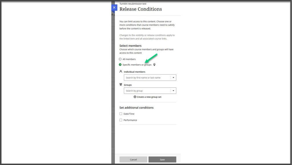 Screenshot of the Release Settings side panel open. There is an arrow pointing at the radial button for "Specific members or group" which has been enabled and opened two dropdown areas to add named students or groups.