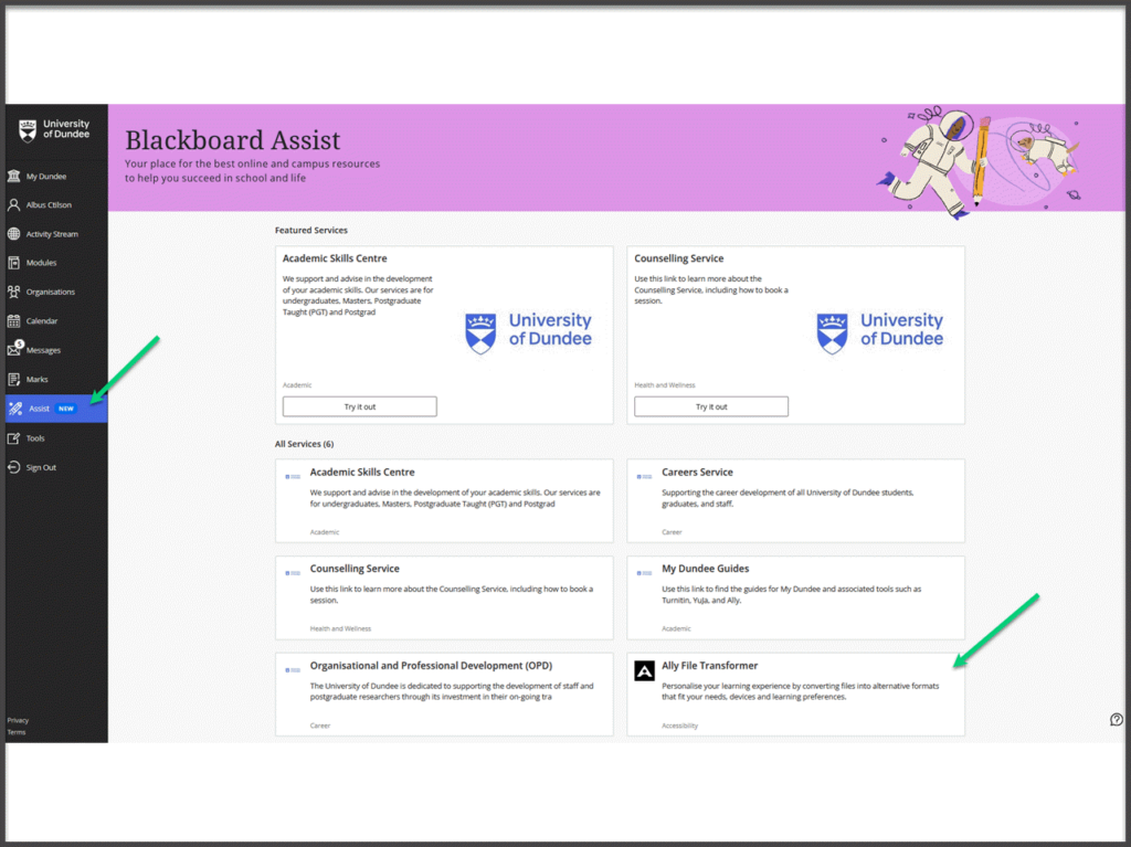 Screenshot of the Assist tab open with an arrow pointing at the tab and another arrow pointing at the Ally File Transformer