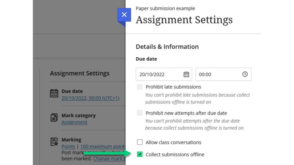 Screenshot of the Assignment Settings with an arrow to a tick box for Collect Submissions Offline.