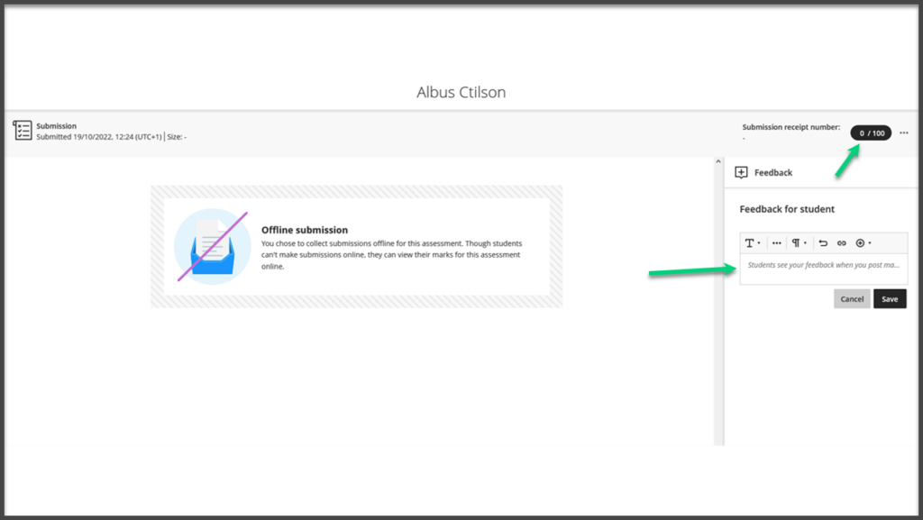 Marking area for a submission with an arrow pointing at the area to enter marks and another arrow pointing at the text feedback area.