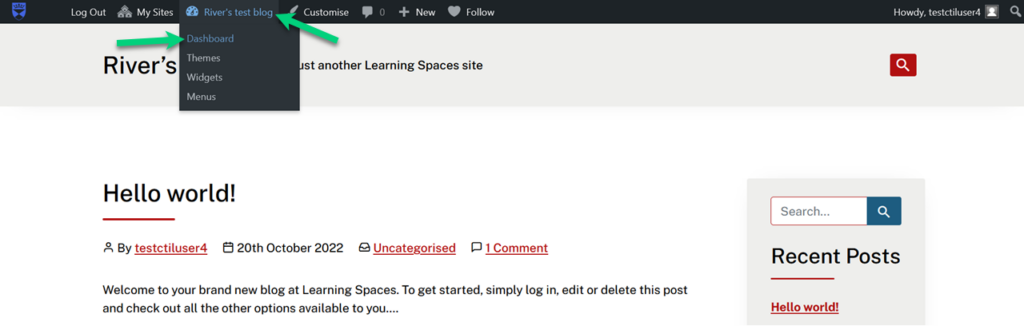 Screenshot of a Learning Spaces Site. The site title in the top line above the blog has a mouse hovering over it and an arrow pointing at it. This menu is open, and there is also an arrow pointing at the Dashboard link.