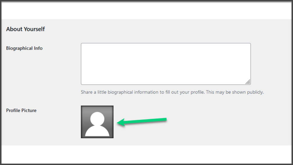 Screenshot of the "About Yourself" section of the profile. There is an arrow pointing at a blank avatar icon.