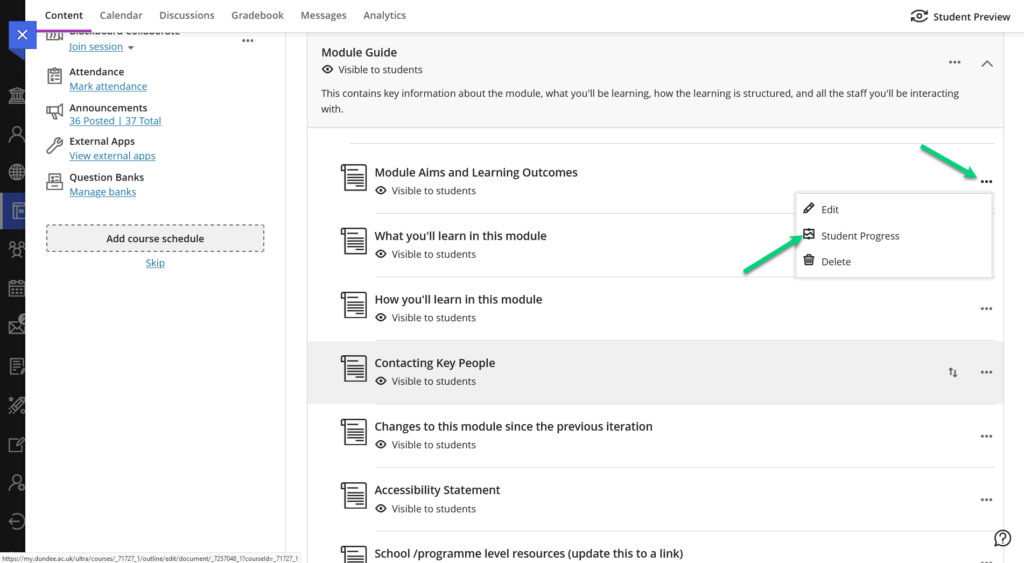 Screenshot of a module with an arrow pointing at the three dots next to a Blackboard document. This menu is open, and there is an arrow pointing at the option for "Student Progress".