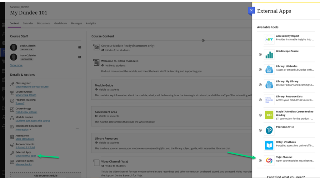 Screenshot of a module page with an arrow pointing to the item "External apps" in the "Details and Actions" menu. This side panel is open and there is an arrow pointing to YuJa: Channel.