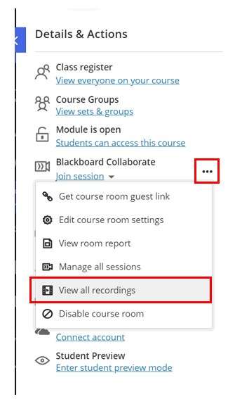 Screenshot of the Collaborate menu open with a circle around the text "View all recordings".