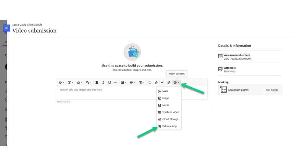 WSYWIG editor open with an arrow pointing at the plus sign at the top-right hand side. This menu is open and there is another arrow pointing at the item at the bottom for "External Apps".