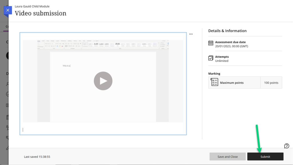 Screenshot of a Blackboard assignment with an arrow pointing at the button that says submit.