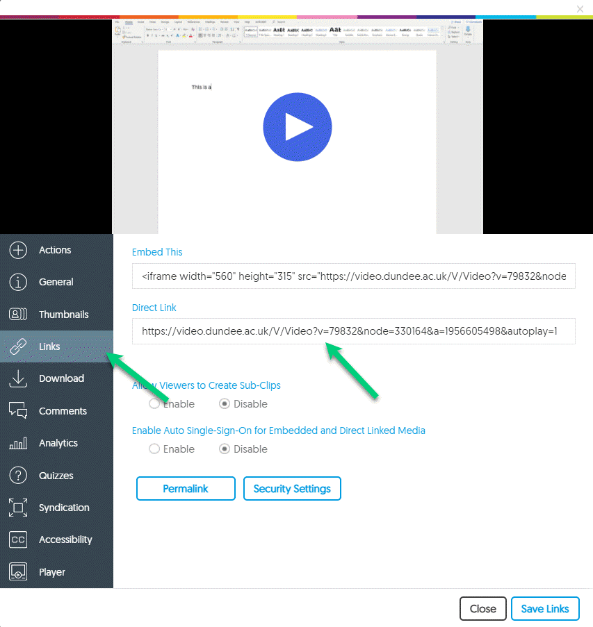 Screenshot of the 'More' menu opened. The tab for 'Links' is open and has an arrow pointing at it, there is also an arrow pointing at the URL generated under 'Direct Link'.