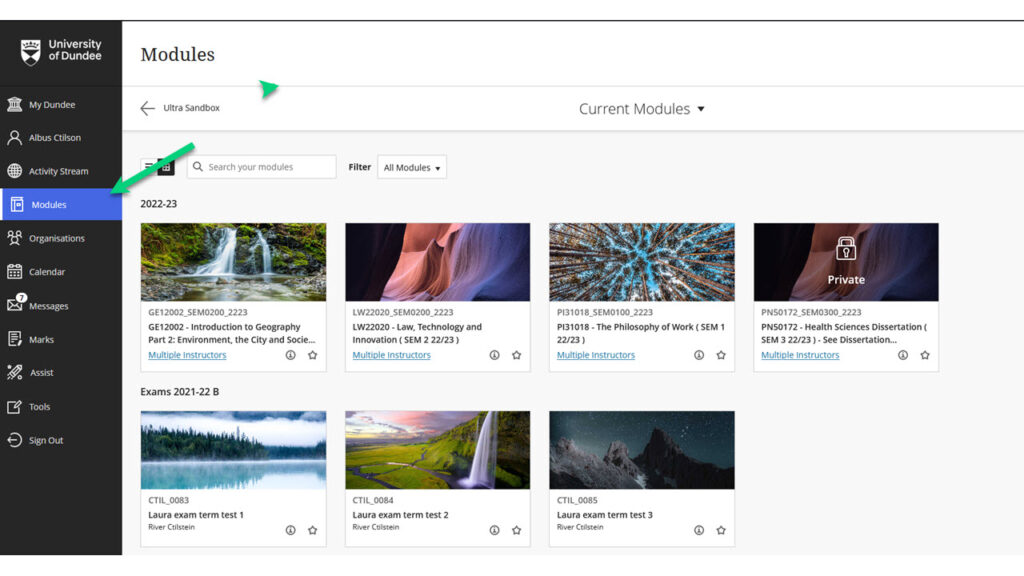 Screenshot of the Modules page in My Dundee with an arrow pointing to that tab in the left-hand menu. 