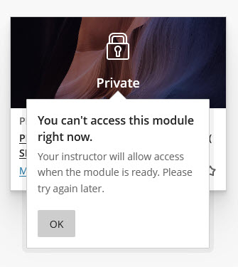 Screenshot of a Private module with a message that appears when a student clicks on the module. 