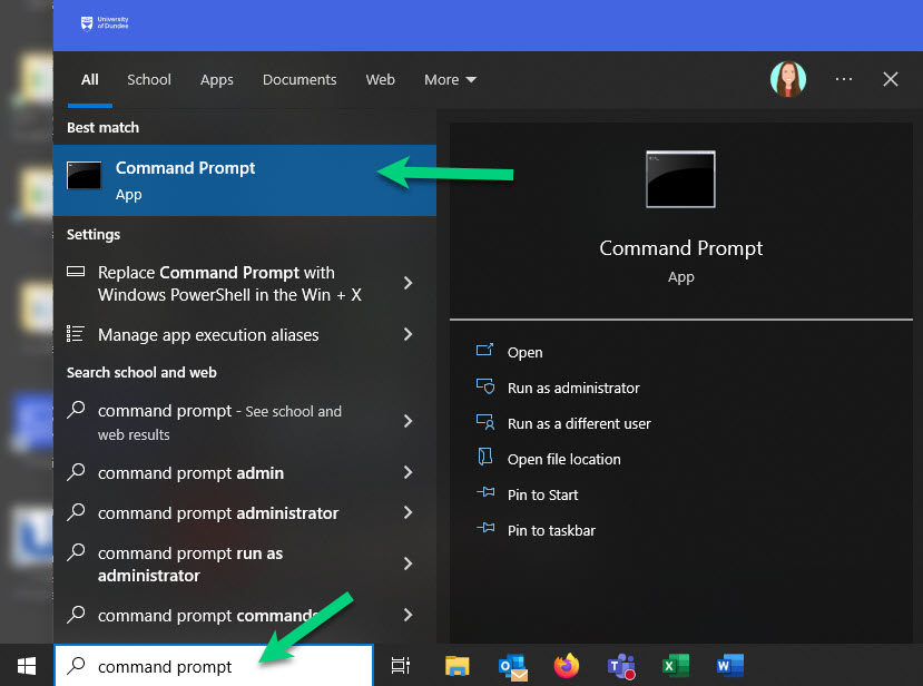 Screenshot of a Windows search open to "Command Prompt" with an arrow pointing to the search bar and the application.