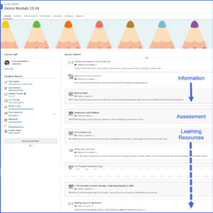 Screenshot of a standard module. The top 2 sections are for Module Information, the next is Assessment, and the rest are the learning resources. 