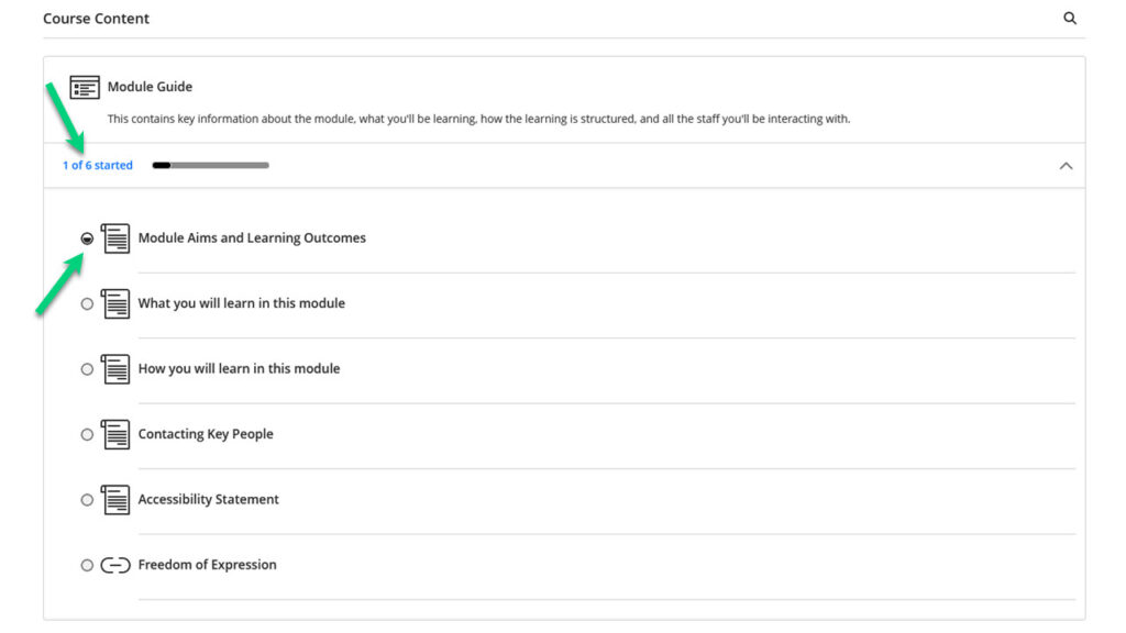 Screenshot of a Learning Module that says "1 of 6 started". The Learning Module is open and there is an arrow pointing to a content item that has a circle next to it that is half-filled.