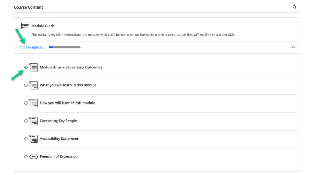 Screenshot of an open learning module that has the progress bar that has an arrow pointing to it that says "1 of 6 completed". The top item has a tick mark next to it, and there is an arrow pointing to this tick mark.