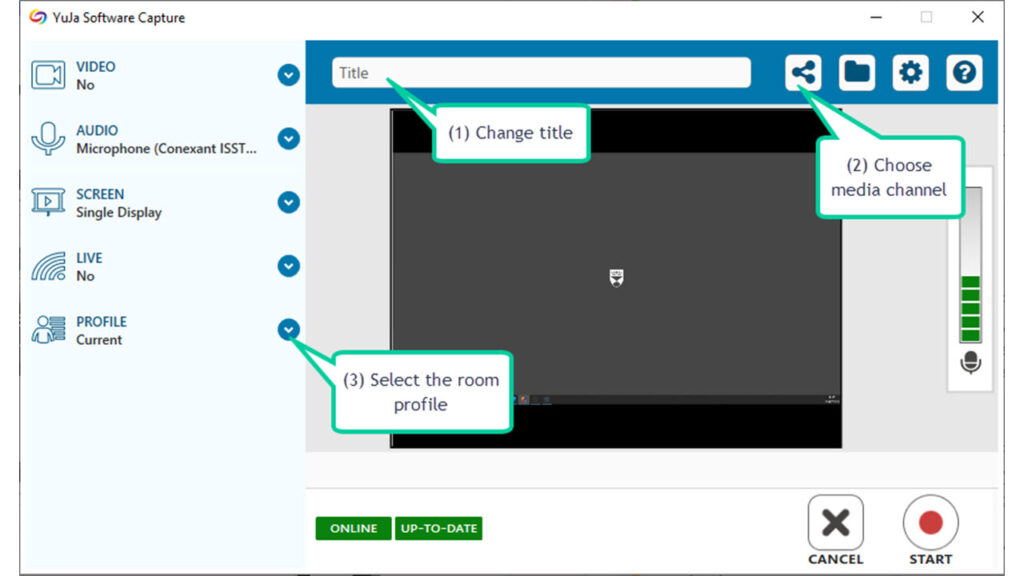 Screenshot of the YuJa recorder, highlighting the title, channel connector, and profile setting.